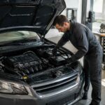 Mechanik w warsztacie sprawdza silnik samochodu z otwartą maską