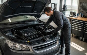 Mechanik w warsztacie sprawdza silnik samochodu z otwartą maską